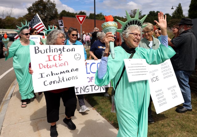 Anti-ICE demonstrators outside the agency's Burlington facility in September.