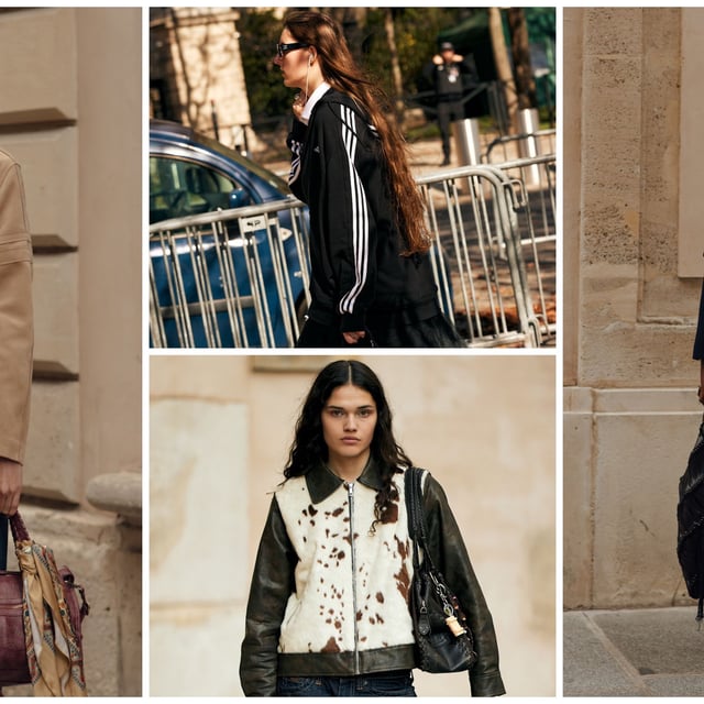 street style trends: woman wearing jacket, t-shirt, jeans and bag charms; woman wearing track jacket, woman wearing cow-print jacket; woman wearing blazer, fringed skirt, and heels 