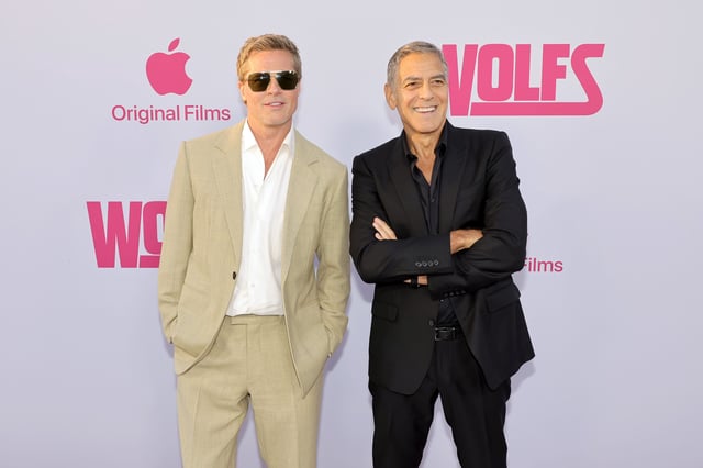 Brad Pitt, left, and George Clooney attend the premiere of the "Wolfs" at TCL Chinese Theatre on Sept. 18, 2024 in Hollywood, California.