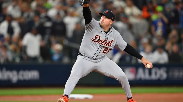 Oct 5, 2025; Seattle, Washington, USA; Detroit Tigers pitcher Tarik Skubal (29) pitches against the Seattle Mariners in the seventh inning during game two of the ALDS round for the 2025 MLB playoffs at T-Mobile Park. Mandatory Credit: Steven Bisig-Imagn Images
