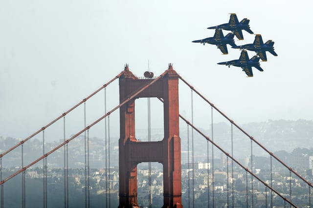 The US Navy Blue Angels practice above San Francisco Bay in San Francisco, Calif., on Thursday, October 7, 2021.