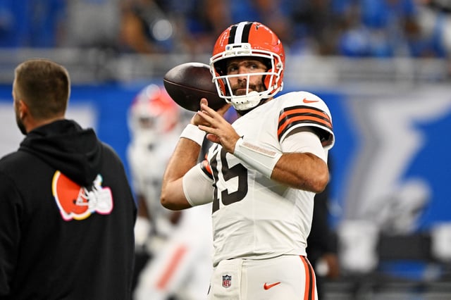 Sep 28, 2025; Detroit, Michigan, USA; Cleveland Browns quarterback Joe Flacco (15) warms up before the game against the Detroit Lions at Ford Field. Mandatory Credit: Lon Horwedel-Imagn Images/ File photo