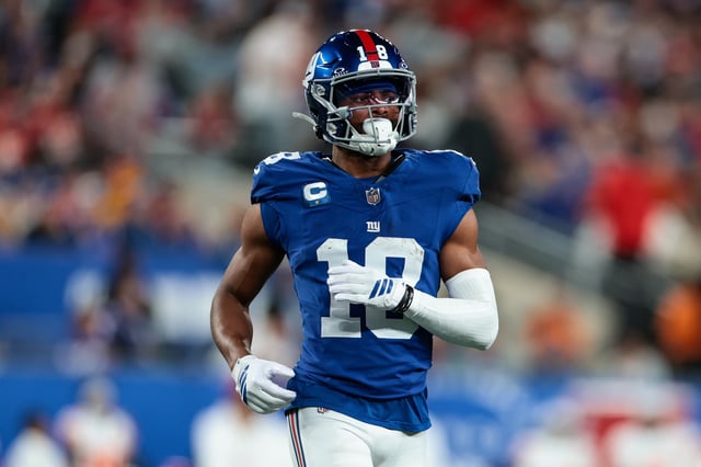 EAST RUTHERFORD, NEW JERSEY - SEPTEMBER 21: Darius Slayton #18 of the New York Giants lines up before a play during the game against the Kansas City Chiefs at MetLife Stadium on September 21, 2025. (Photo by Kathryn Riley/Getty Images)