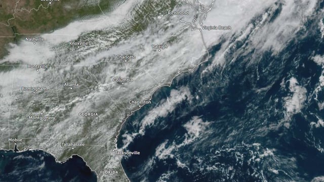 Satellite image of Southeastern U.S. as of October 8, 2025. Credit; NOAA/GOES-19, Zoom Earth, The Watchers
