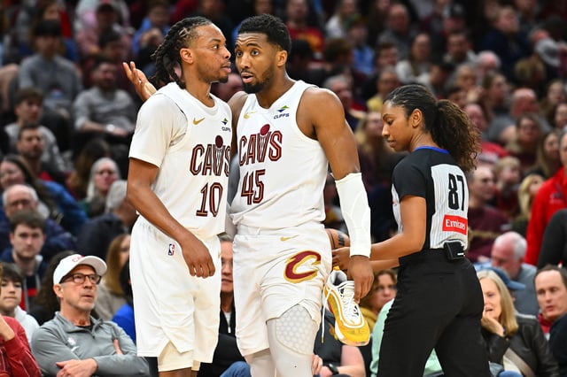 CLEVELAND, OHIO - MARCH 16: Darius Garland #10 listens to Donovan Mitchell #45 of the Cleveland Cavaliers during the fourth quarter against the Orlando Magic at Rocket Arena on March 16, 2025 in Cleveland, Ohio. The Magic defeated the Cavaliers 108-103. NOTE TO USER: User expressly acknowledges and agrees that, by downloading and or using this photograph, User is consenting to the terms and conditions of the Getty Images License Agreement. (Photo by Jason Miller/Getty Images)