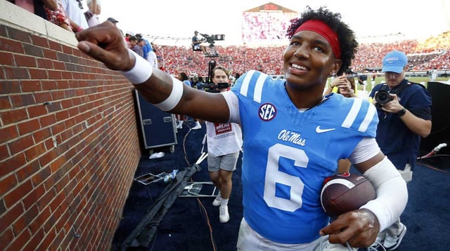 Mississippi Rebels quarterback Trinidad Chambliss (6) reacts after defeating the LSU Tigers at Vaught-Hemingway Stadium. Mandatory Credit: Petre Thomas-Imagn Images