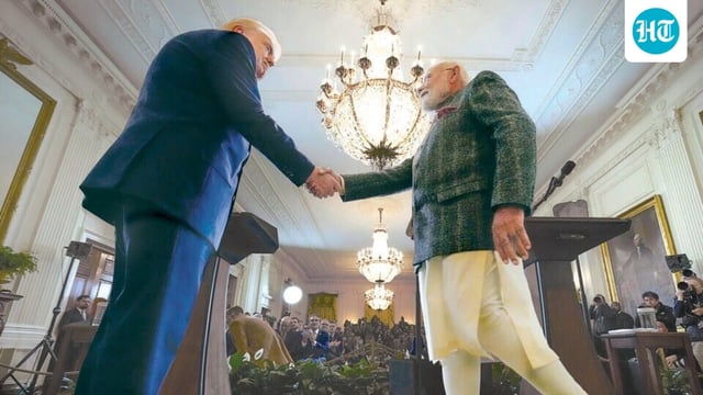 President Donald Trump and Prime Minister Narendra Modi shake hands during a news conference in the East Room of the White House in Feb