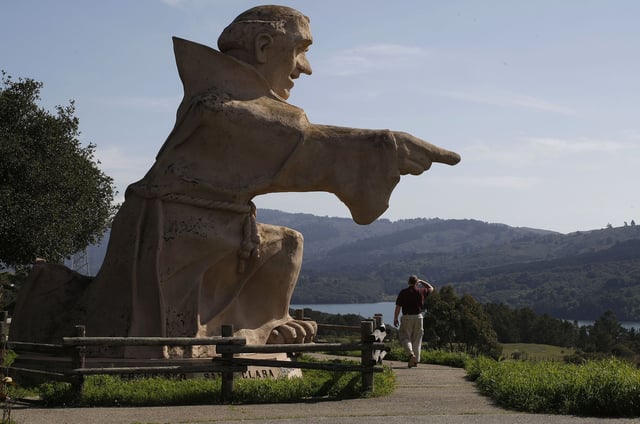 The giant statue of Father Junipero Serra above the Interstate 280 freeway in San Mateo County, Calif. on Tuesday Mar. 17, 2009.