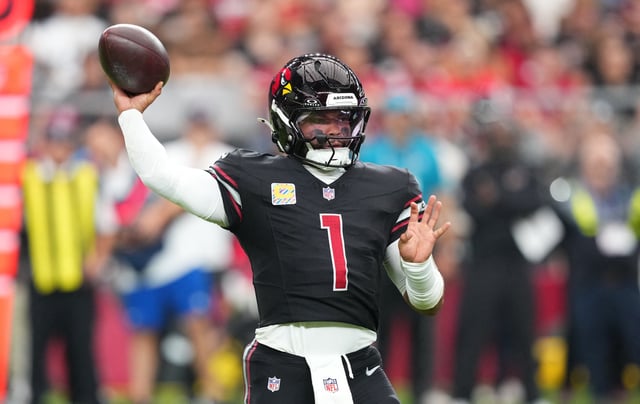 Oct 5, 2025; Glendale, Arizona, USA; Arizona Cardinals quarterback Kyler Murray (1) makes a throw against the Tennessee Titans during the fourth quarter at State Farm Stadium. Mandatory Credit: Joe Camporeale-Imagn Images/ File Photo