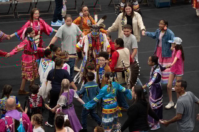 FILE - People participate during the BraveNation Powwow and Gather at UNC Pembroke, March 22, 2025, in Pembroke, N.C. (AP Photo/Allison Joyce, File)