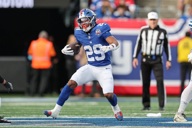 Dec 29, 2024; East Rutherford, New Jersey, USA; New York Giants running back Tyrone Tracy Jr. (29) carries the ball during the first half against the Indianapolis Colts at MetLife Stadium. Mandatory Credit: Vincent Carchietta-Imagn Images/ File Photo