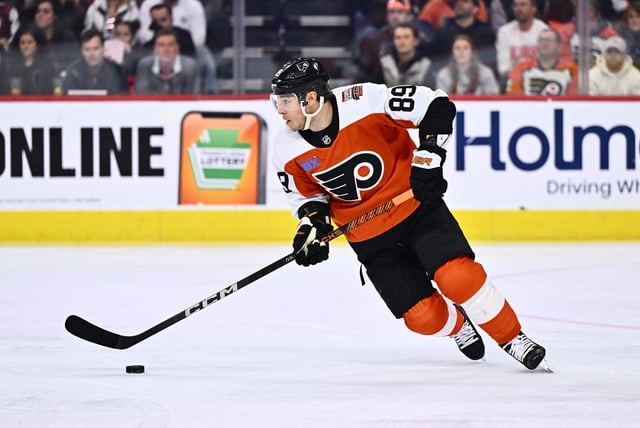 Jan 27, 2024; Philadelphia, Pennsylvania, USA; Philadelphia Flyers right wing Cam Atkinson (89) controls the puck against the Boston Bruins in the first period at Wells Fargo Center. Mandatory Credit: Kyle Ross-USA TODAY Sports/ File Photo