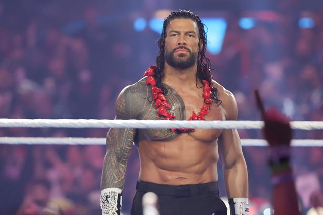 Roman Reigns looks on before his Triple Threat match against CM Punk and Seth Rollins during WrestleMania 41 at Allegiant Stadium on April 19, 2025 in Las Vegas, Nevada.