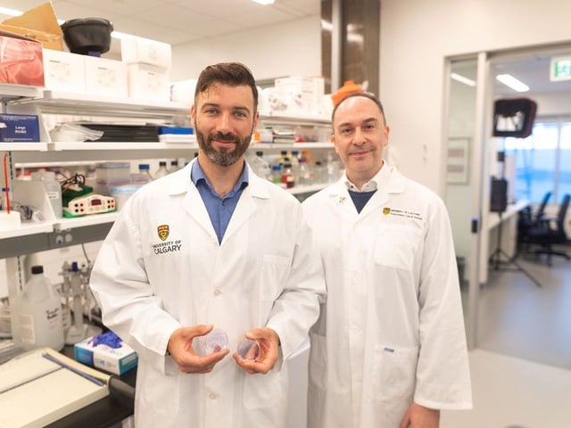 Dr. Dustin Pearson and Dr. Aaron Goodarzi, researchers at the University of Calgary's Cumming School of Medicine, were photographed in their lab on Wednesday, October 8, 2025. They are working on a study analyzing toenail clippings to investigate environmental causes of lung cancer, such as radon gas. 
