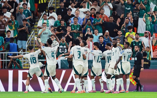 Soccer Football - FIFA World Cup - AFC Qualifiers - Group B - Indonesia v Saudi Arabia - King Abdullah Sports City, Jeddah, Saudi Arabia - October 8, 2025 Saudi Arabia's Feras Al-Brikan celebrates scoring their second goal with teammates REUTERS/Stringer