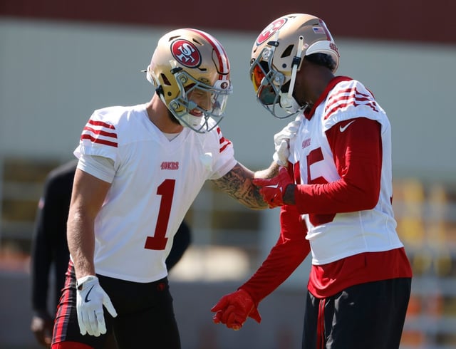 San Francisco 49ers’ Ricky Pearsall (1) and San Francisco 49ers’ Jauan Jennings (15) smile during practice at the practice facility at Levi’s Stadium in Santa Clara, Calif., on Monday, Sept. 1, 2025. (Nhat V. Meyer/Bay Area News Group)