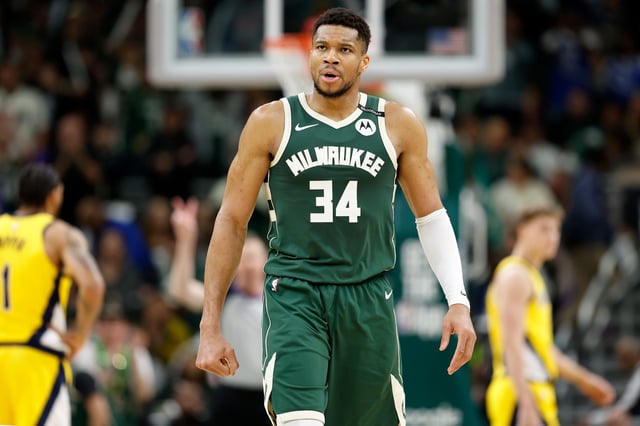 Giannis Antetokounmpo #34 of the Milwaukee Bucks walks off the court in the final minutes of game against the Indiana Pacers during game three of the first round of the 2025 NBA playoffs at Fiserv Forum on April 25, 2025 in Milwaukee, Wisconsin.