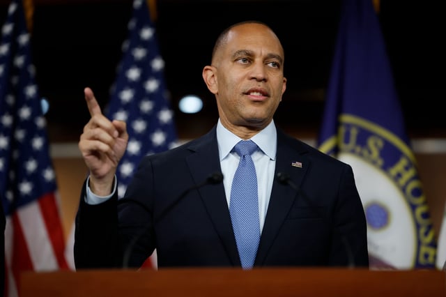 WASHINGTON, DC - OCTOBER 08: U.S. House Minority Leader Hakeem Jeffires (D-NY) speaks at a press conference on the government shutdown at the U.S. Capitol on October 08, 2025 in Washington, DC. The government remains shut down after Congress failed to reach a funding deal last week. (Photo by Kevin Dietsch/Getty Images)