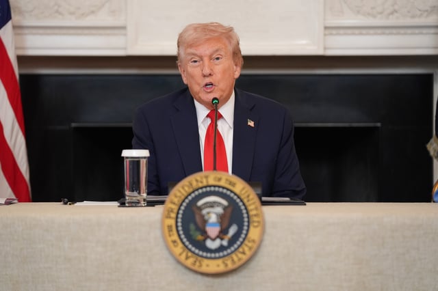 President Donald Trump speaks during a roundtable meeting on antifa in the State Dining Room at the White House, Wednesday, Oct. 8, 2025, in Washington. (AP Photo/Evan Vucci)