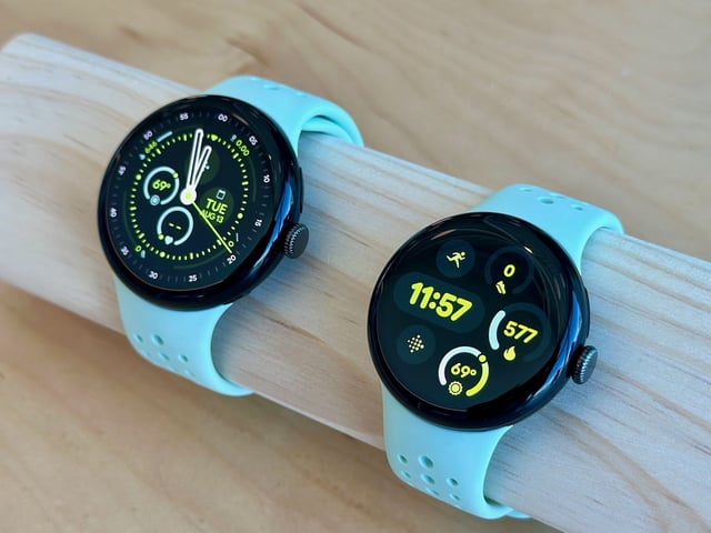 Two Google Pixel Watch 3s on display at the Made by Google 2024 event.