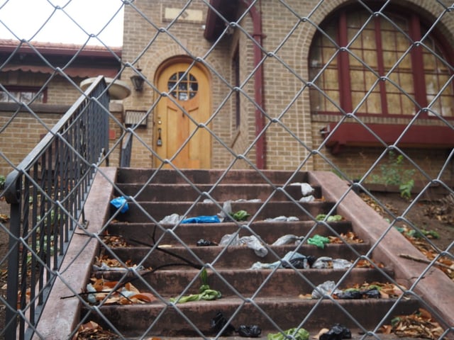The front steps of 2725 E. Seventh Ave. in Denver on Oct. 7, 2025. (Justin Wingerter/BusinessDen)