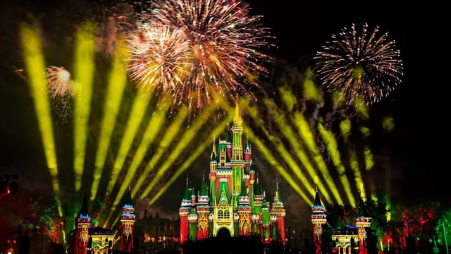 Fireworks, lasers and stunning projections on Cinderella Castle are among the many special touches during the holiday season at Walt Disney World. [The Walt Disney Company]