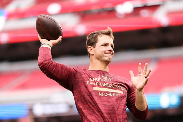 SANTA CLARA, CALIFORNIA - SEPTEMBER 28: Brock Purdy #13 of the San Francisco 49ers warms up prior to the game against the Jacksonville Jaguars at Levi's Stadium on September 28, 2025 in Santa Clara, California. (Photo by Brooke Sutton/Getty Images)