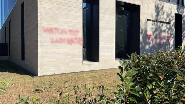 Graffiti on the Temple Israel synagogue building on Oct. 8, 2025. (KSTP)