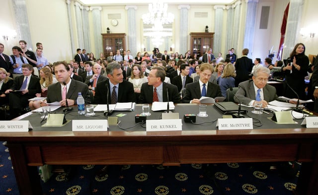 FILE: Tim Winter, then the president of the Parents Television Council, sits on the left alongside other attendees of a Senate hearing on violence in the media in Washington, on June 26, 2007.