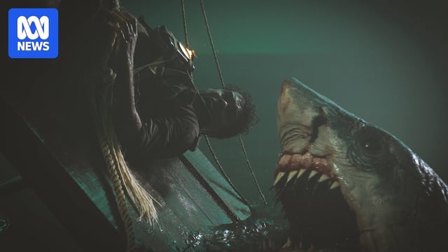 A shark opens it's mouth as a screaming man falls into it.