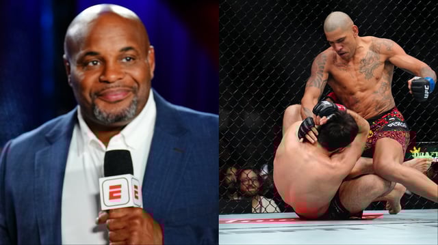 Daniel Cormier commentates during Dana White's Contender Series, opposite Alex Pereira punching a grounded Magomed Ankalaev. Credit: Chris Unger/Zuffa LLC