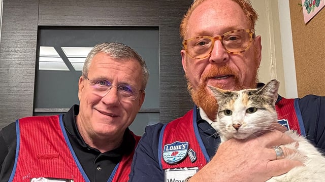 Francine the cat with Lowe's employees.