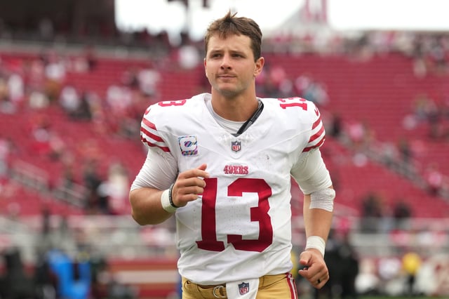 Sep 28, 2025; Santa Clara, California, USA; San Francisco 49ers quarterback Brock Purdy (13) after the game against the Jacksonville Jaguars at Levi's Stadium. Mandatory Credit: Darren Yamashita-Imagn Images/ File Photo