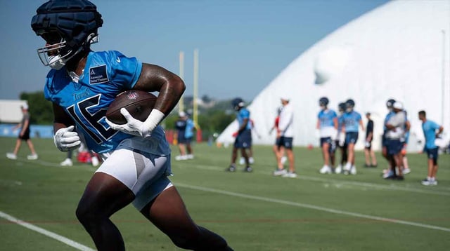 Tennessee Titans wide receiver Treylon Burks (16) runs after a catch during the Tennessee Titans first day of training camp at Ascension Saint Thomas Sports Park in Nashville, Tenn., Wednesday, July 23, 2025.