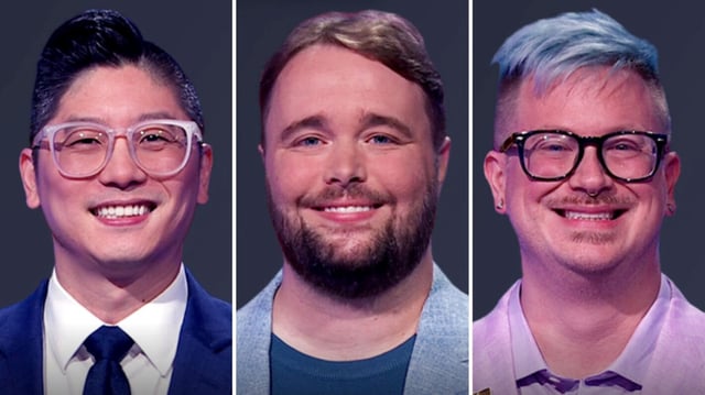 (from left) 'Jeopardy!' players Josh Ng, TJ Fisher, and Chris Turner-Neal on October 8, 2025, Season 42