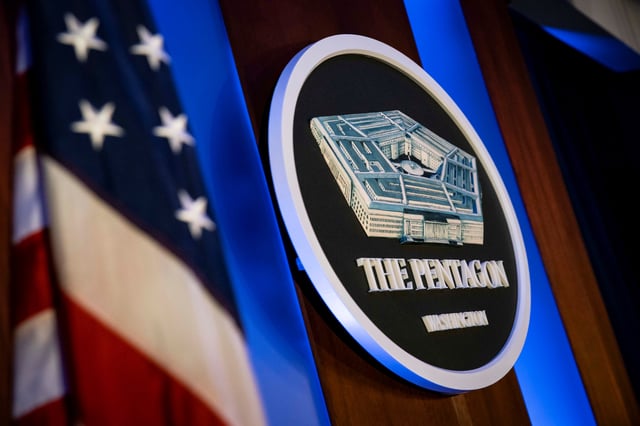 The Pentagon logo is seen behind the podium in the briefing room at the Pentagon in Arlington, Virginia, U.S., January 8, 2020. REUTERS/Al Drago