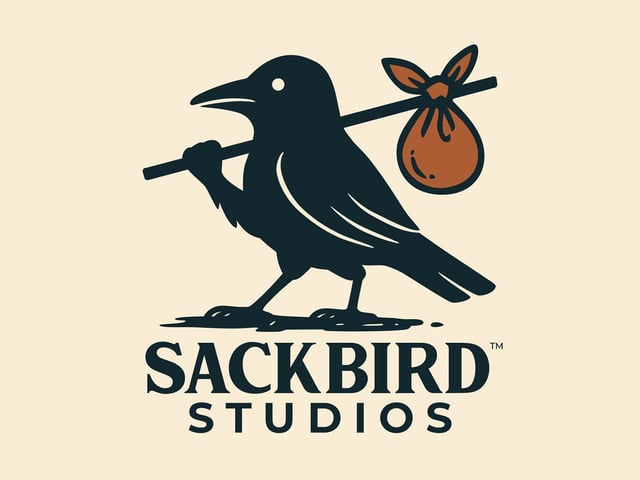 A blackbird carrying a bindle over its shoulder, the logo of Sackbird Studios