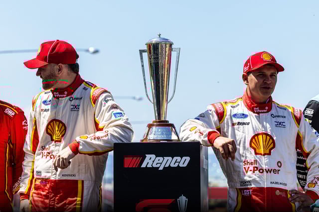 Bathurst 1000 winner Brodie Kostecki (left) with Dick Johnson Racing co-driver Todd Hazelwood and the Peter Brock Trophy. Image: InSyde Media