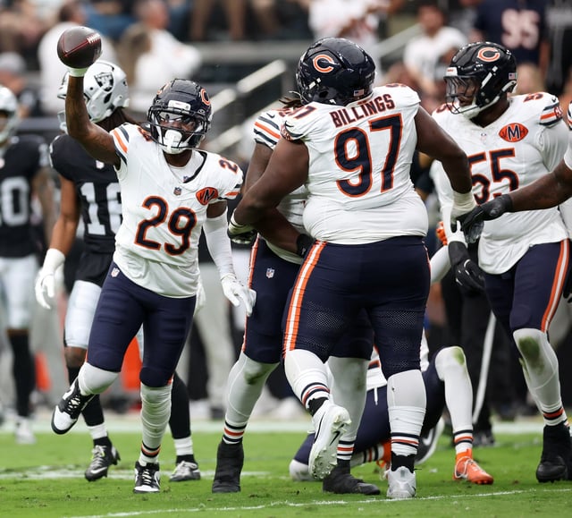 Bears cornerback Tyrique Stevenson celebrates after recovering a fumble in the first quarter against the Raiders at Allegiant Stadium in Las Vegas on Sept. 28, 2025. (Chris Sweda/Chicago Tribune)
