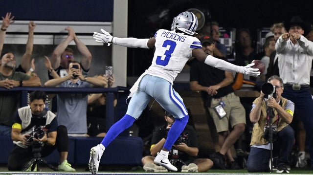 Sep 28, 2025; Arlington, Texas, USA; Dallas Cowboys wide receiver George Pickens (3) celebrates after scoring a touchdown against the Green Bay Packers in the fourth quarter at AT&T Stadium. Mandatory Credit: Jerome Miron-Imagn Images
