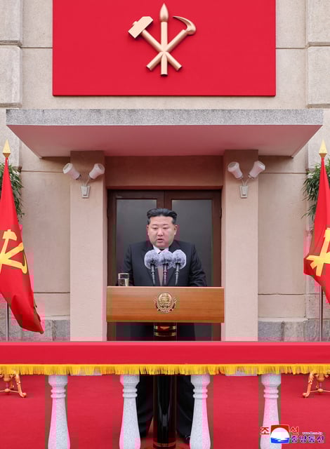 North Korean leader Kim Jong Un speaks as he visits the Party Founding Museum on the occasion of the 80th anniversary of the founding of the Workers' Party of Korea, in Pyongyang, North Korea, October 8, 2025, in this pictured released October 9, 2025 by North Korea's official Korean Central News Agency. KCNA via REUTERS