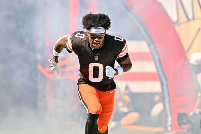 Cornerback Greg Newsome II #0 of the Cleveland Browns runs on the field during player introductions before the game against the Cincinnati Bengals at Huntington Bank Field on September 07, 2025 in Cleveland, Ohio.