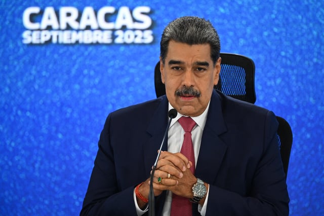 TOPSHOT - Venezuela's President Nicolas Maduro speaks during a press conference with international media at Hotel Eurobuilding in Caracas on September 15, 2025. (Photo by Federico PARRA / AFP) (Photo by FEDERICO PARRA/AFP via Getty Images)