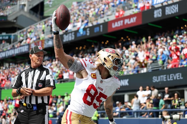 SEATTLE, WASHINGTON - SEPTEMBER 07: George Kittle #85 of the San Francisco 49ers celebrates a touchdown during the first quarter against the Seattle Seahawks during the game at Lumen Field on September 07, 2025 in Seattle, Washington. (Photo by Steph Chambers/Getty Images)