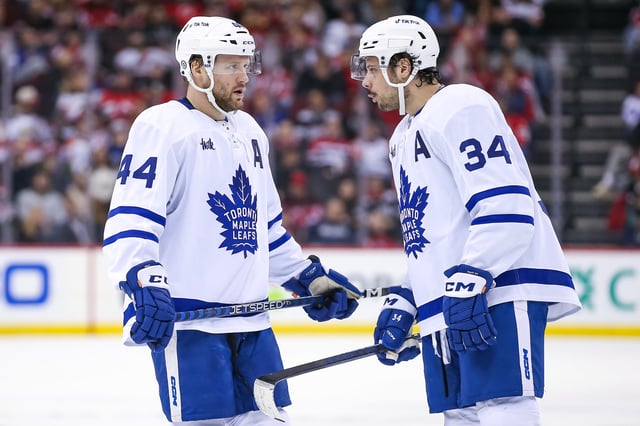 Auston Matthews and Morgan Rielly, Toronto Maple Leafs (Jess Starr/The Hockey Writers)