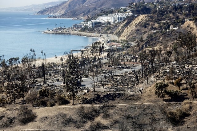 Les ruines du quartier de Pacific Palisades, ravagé par un incendie, à Los Angeles, le 15 janvier 2025