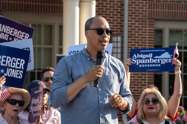 Jay Jones, who is running to become Virginia's attorney general in 2025, speaks to the audience during Abigail Spanberger's bus tour stop at Stacy C. Sherwood Community Center in Fairfax, Virginia, on June 26, 2025.