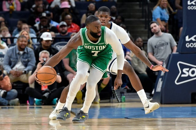 Boston Celtics guard Jaylen Brown (7) handles the ball against Memphis Grizzlies guard Cedric Coward (23) in the first half of an NBA basketball preseason game Wednesday, Oct. 8, 2025, in Memphis, Tenn.