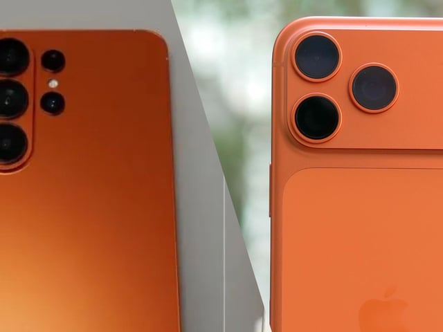 Galaxy S26 Ultra in orange next to iPhone 17 Pro