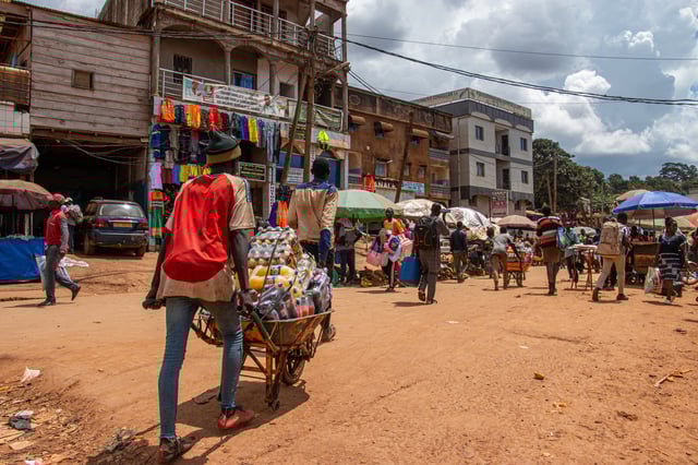 A man pushes a wheelbarrow loaded with goods through Mokolo market, Yaoundé, Cameroon, Sept. 12, 2025. (AP Photo / Welba Yamo Pascal)